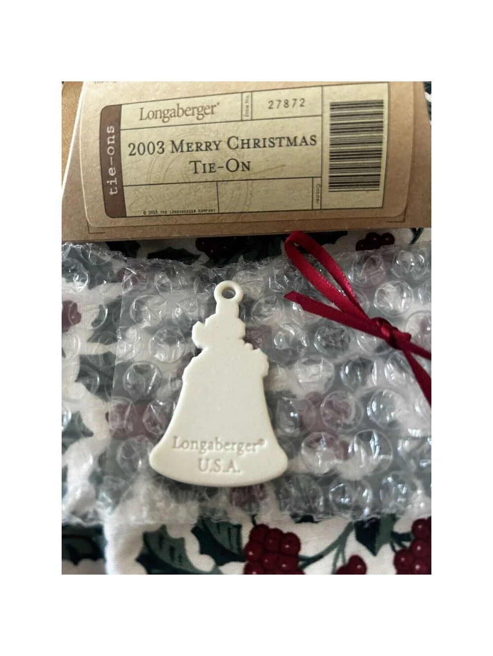 Longaberger Merry Christmas Basket Tie On - New Bell 2003 Ceramic USA Made